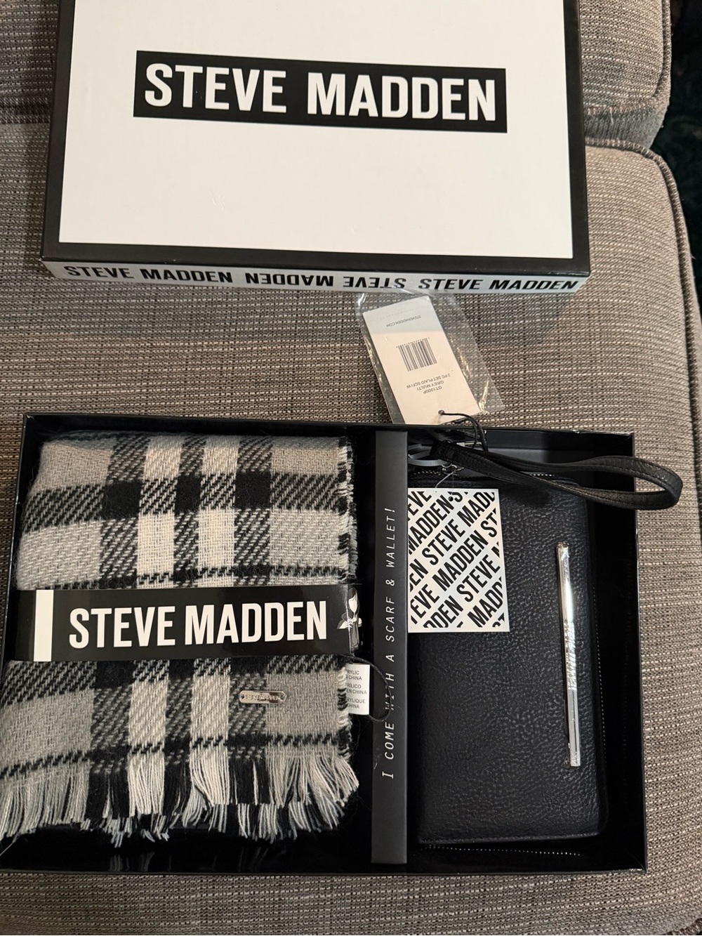 Steve Madden Black & White Plaid Scarf with Black Wallet Set